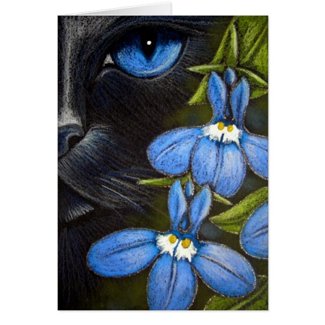 BLACK CAT BEHIND THE LOBELIA FLOWERS Card (Front)