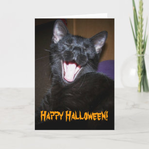 Black Cat Big Yawn Happy Halloween Greeting Card
