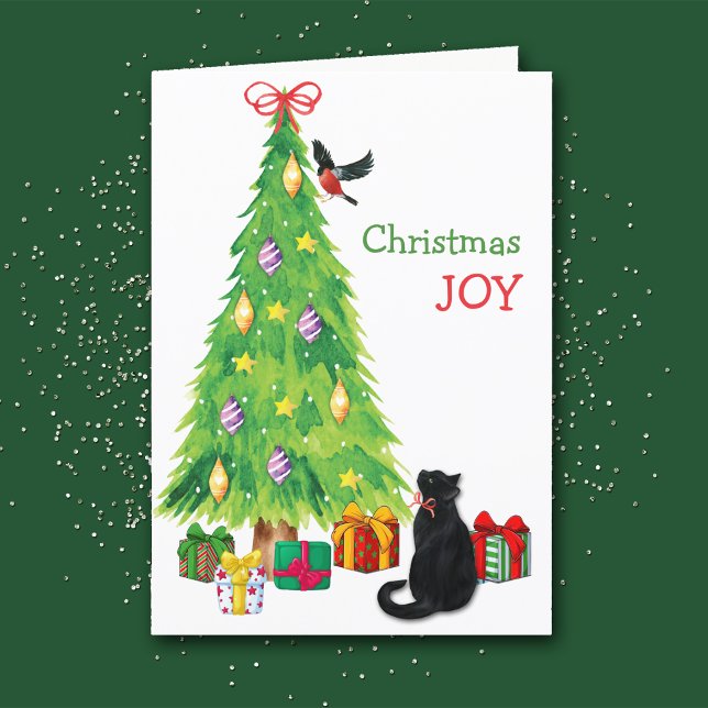 Black Cat, Bird, and Christmas Tree Joy Holiday Card (Creator Uploaded)