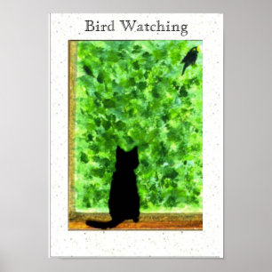 Black Cat Bird Watching Fun Animal Art Poster