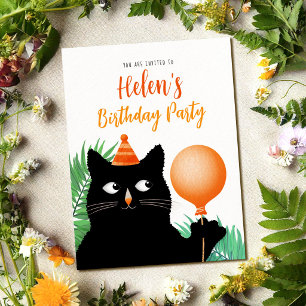Black cat birthday invite postcard
