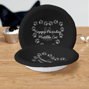 Black Cat Birthday Paw Print Heart Paper Bowls Plate