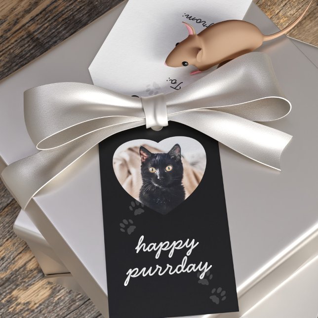 Black Cat Birthday Pet Photo Gift Tag (Happy Purrday! Upload your black cat's photo (or your own) and gift with love)