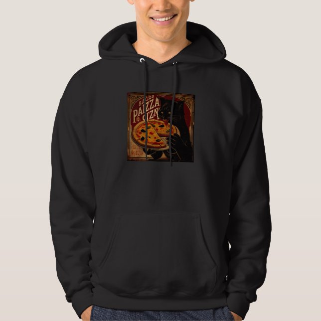 Black Cat Biting Pizza Hoodie (Front)