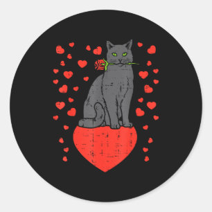Black Cat Biting Rose Hearts Valentines Day Animal Classic Round Sticker