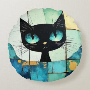 Black Cat Block art Round Pillow