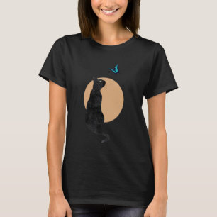 Black Cat & Blue Butterfly Minimal Retro Style T-Shirt