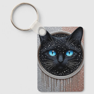 Black Cat Blue Eyes Modern Gothic Portrait Keychain