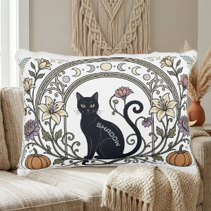 Black Cat Boho Botanical Vintage Moon Phase Wreath Accent Pillow