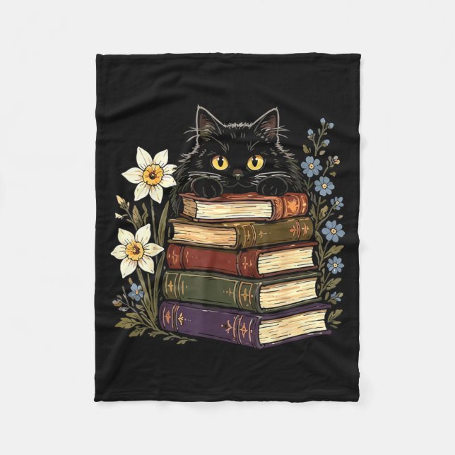 Black Cat Book Lover Fleece Blanket (Front)