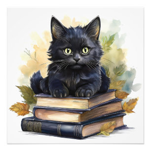 Black Cat Book Stack Photo Print
