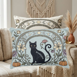 Black Cat Botanical Art Pastel Green Moon Crescent Accent Pillow