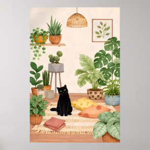 Black Cat Botanical Print, Cozy Boho Plant Wall Poster