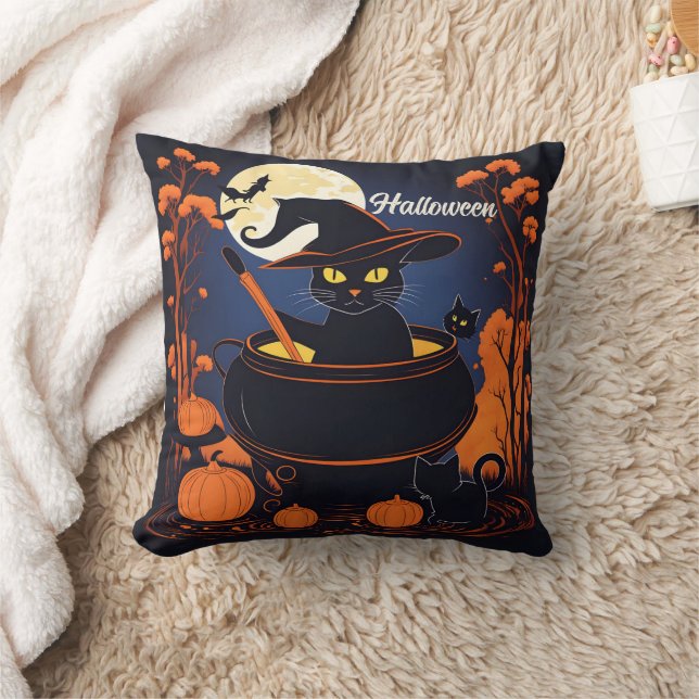 Black cat brewing potions under a Halloween moon Throw Pillow (Blanket)