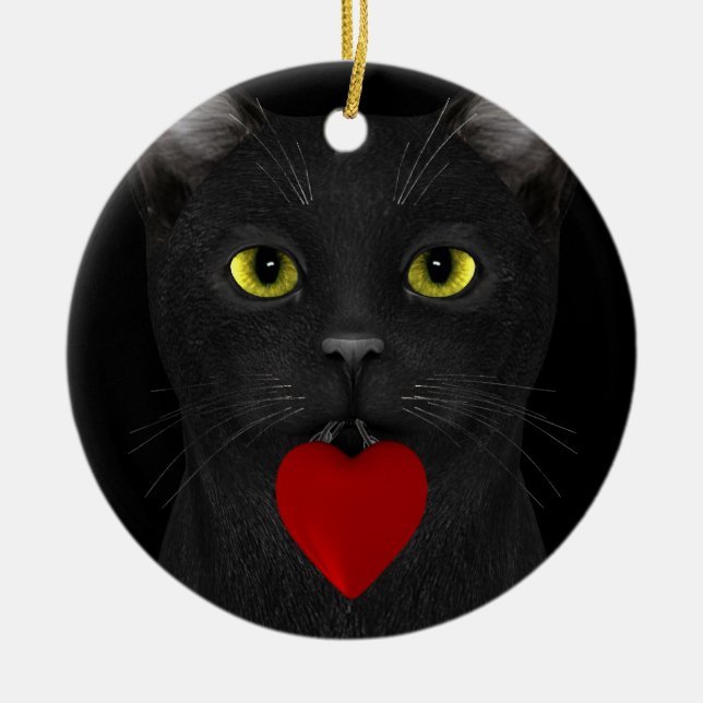 Black Cat Bringing A Present Ceramic Ornament (Front)