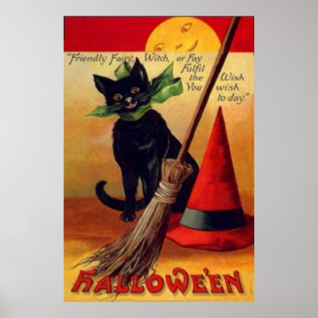Black Cat Broom Witch's Hat Full Moon Poster (Front)