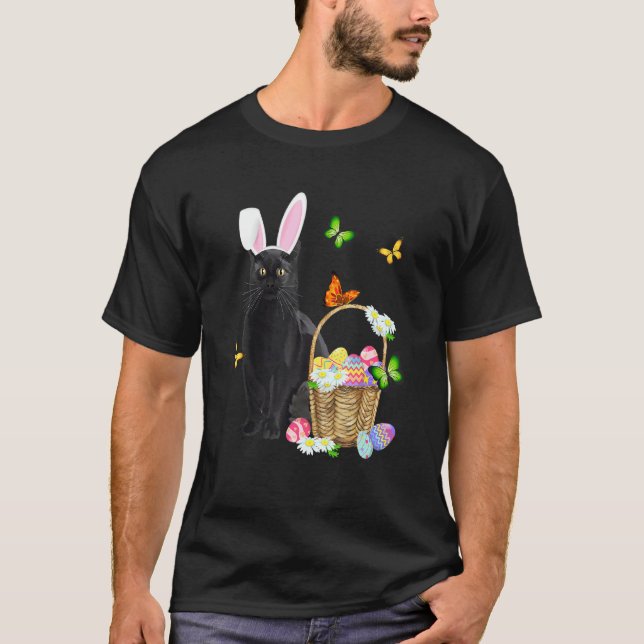 Black Cat Bunny Hat Rabbit Easter Eggs Basket Egg  T-Shirt (Front)