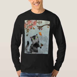 Black Cat & Butterflies Under Cherry Blossom Sakur T-Shirt