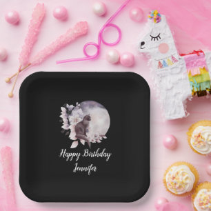 Black Cat by a Magical Full Moon Birthday Paper Plate