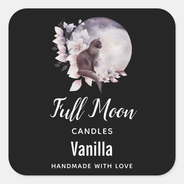 Black Cat by a Magical Full Moon Candle Biz Square Sticker (Front)