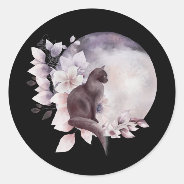 Black Cat by a Magical Full Moon Classic Round Sticker (Front)