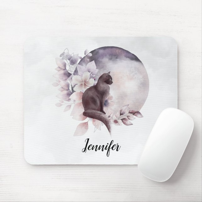 Black Cat by a Magical Full Moon Mouse Pad (With Mouse)