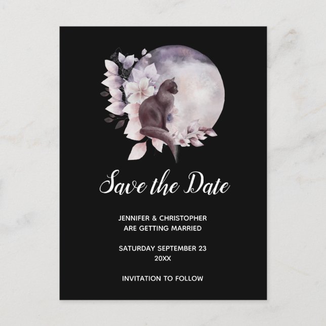 Black Cat by a Magical Full Moon Save the Date Invitation Postcard (Front)