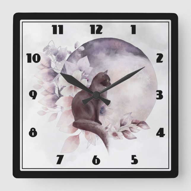 Black Cat by a Magical Full Moon Square Wall Clock (Front)