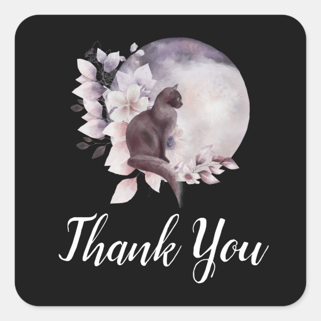 Black Cat by a Magical Full Moon Thank You Square Sticker (Front)