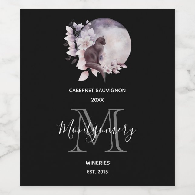 Black Cat by a Magical Full Moon Wine Making Wine Label (Single Label)