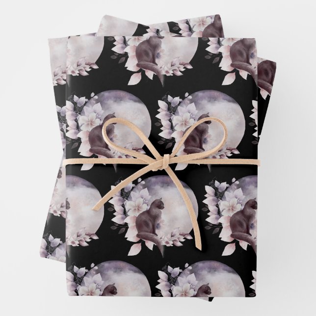 Black Cat by a Magical Full Moon Wrapping Paper Sheet (In situ)
