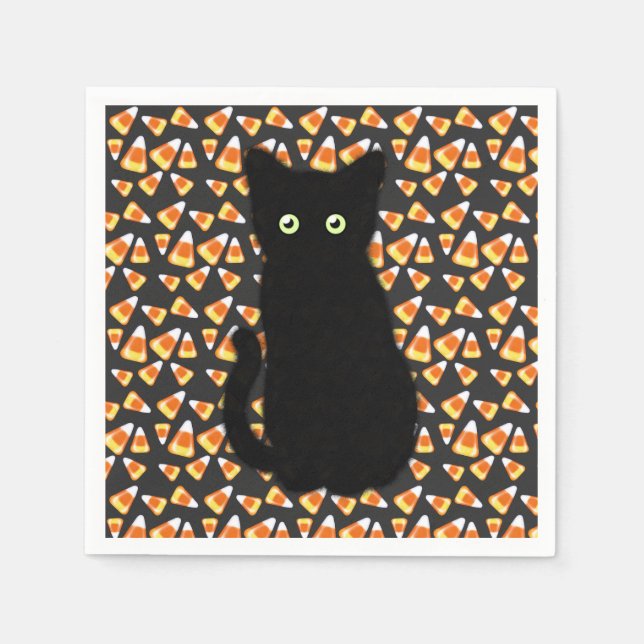 Black cat, Candy corn pattern, Halloween fun   Napkin (Front)