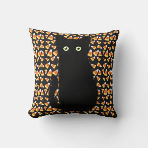 Black cat, Candy corn pattern, Halloween fun  Throw Pillow