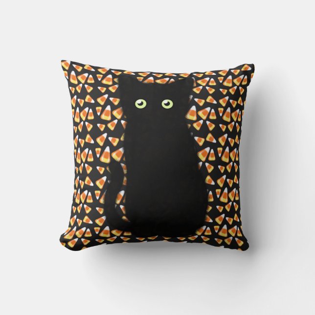Black cat, Candy corn pattern, Halloween fun  Throw Pillow (Front)