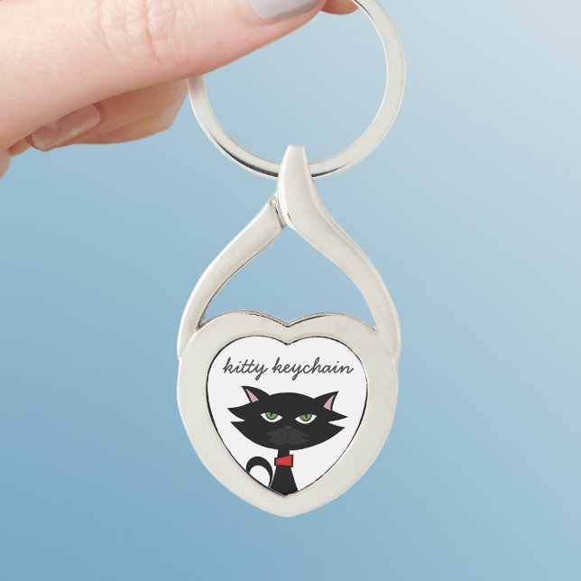 Black Cat Cartoon Cute Kitty Heart Keychain (For lovers of black cats and keychains. Add your cat's name (or yours))