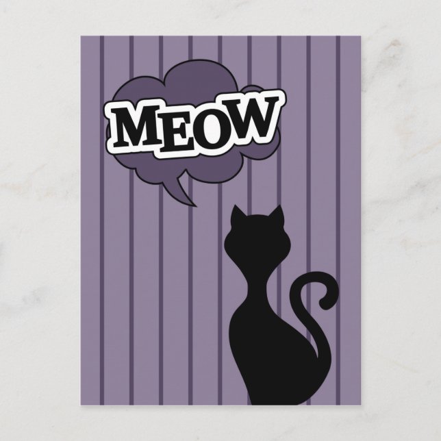 Black cat cartoon meow postcard (Front)