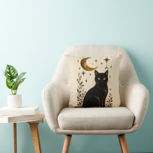 Black Cat Celestial Moon Gothic Botanical Throw Pillow