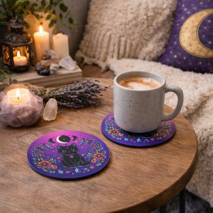 Black Cat Celestial Mystical Purple Pink Coaster