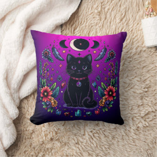 Black Cat Celestial Mystical Purple Pink Throw Pillow