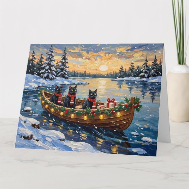 Black Cat Christmas Boat Holiday Card (Front)