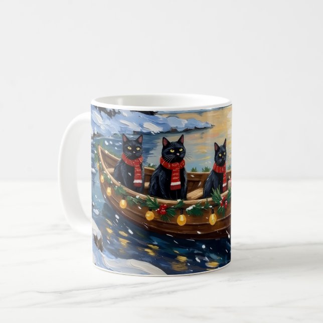 Black Cat Christmas Boat Holiday Coffee Mug (Front Left)