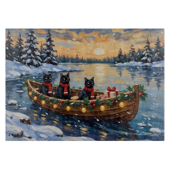 Black Cat Christmas Boat Holiday Cutting Board (Front)