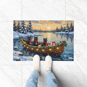 Black Cat Christmas Boat Holiday Doormat