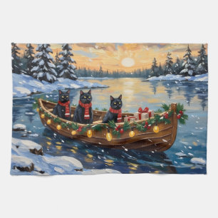Black Cat Christmas Boat Holiday Kitchen Towel