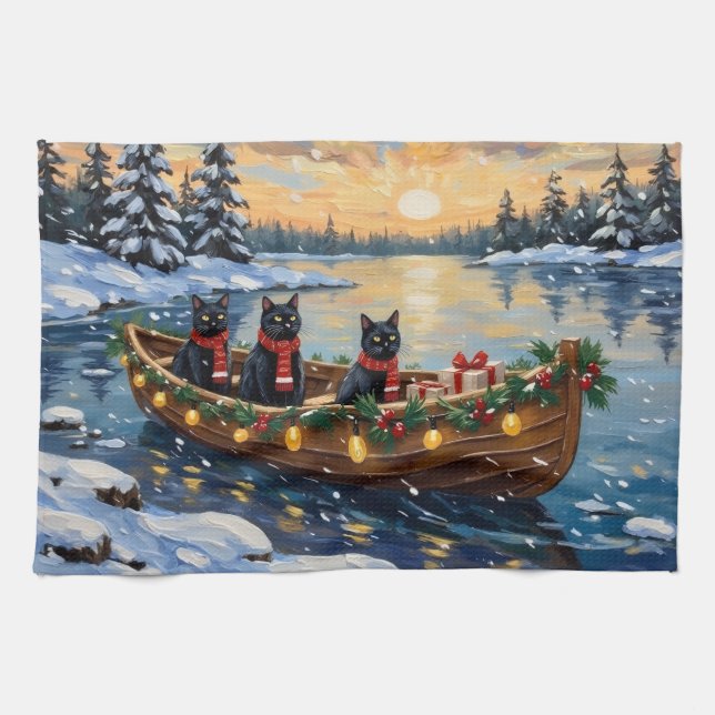 Black Cat Christmas Boat Holiday Kitchen Towel (Horizontal)
