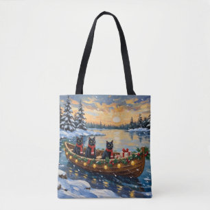 Black Cat Christmas Boat Holiday Tote Bag