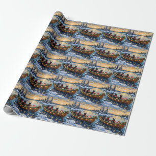 Black Cat Christmas Boat Holiday Wrapping Paper