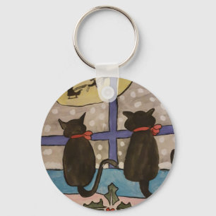 Black Cat Christmas Button Keychain