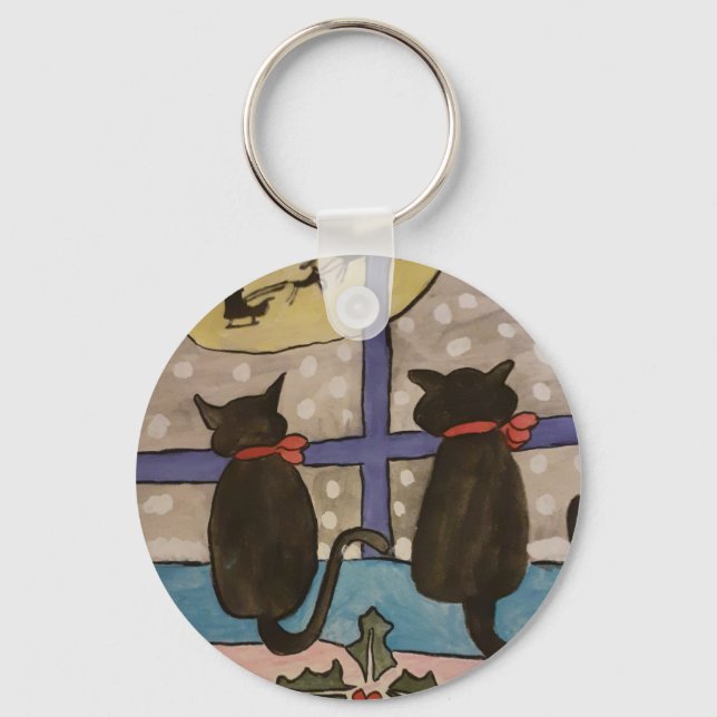 Black Cat Christmas Button Keychain (Front)