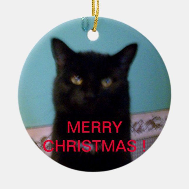Black Cat Christmas Ceramic Ornament (Front)